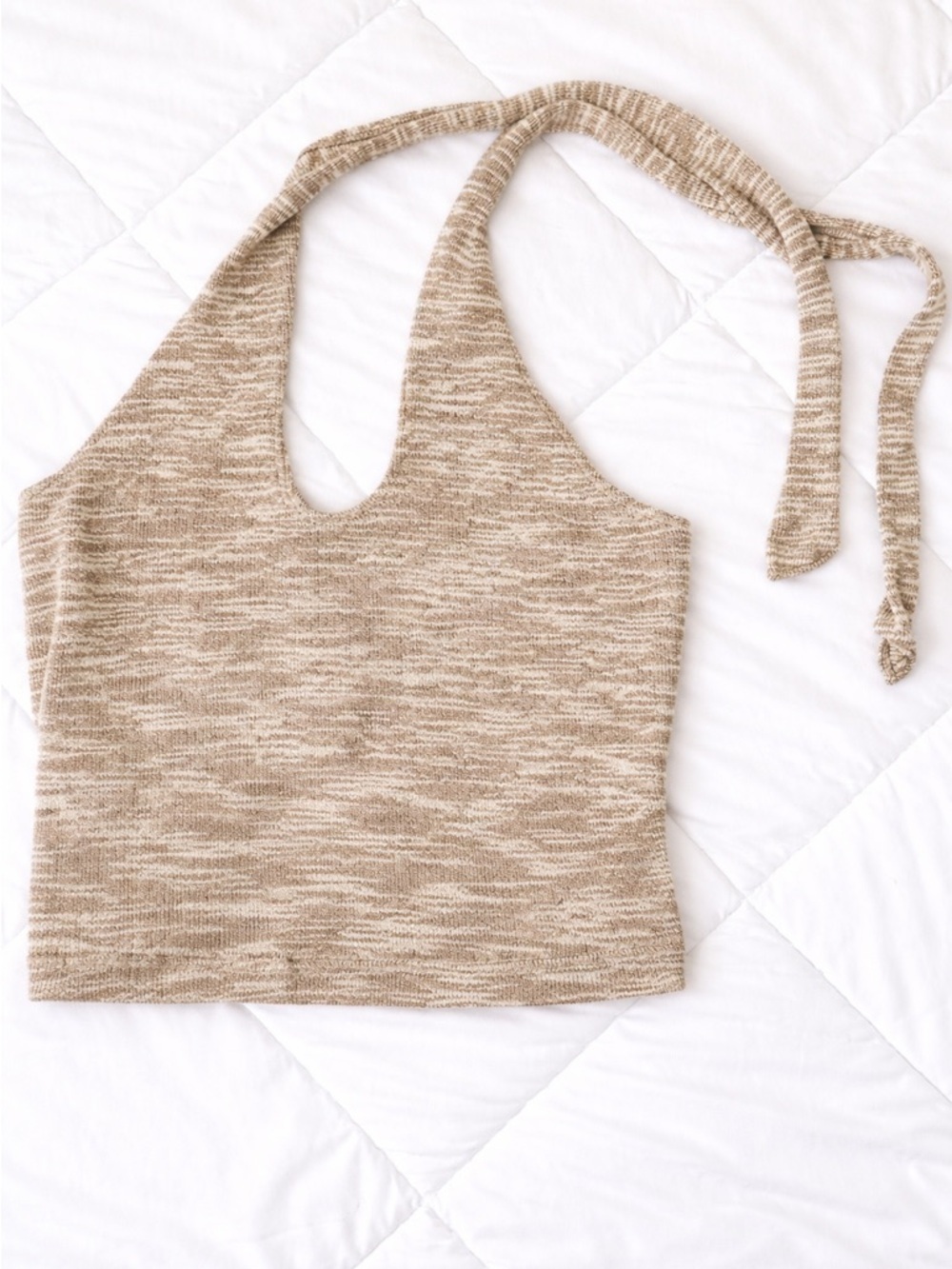 H&M DIVIDED Minimalist Beige Marled Knit Halter Crop Top Tie Back Summer Sz M